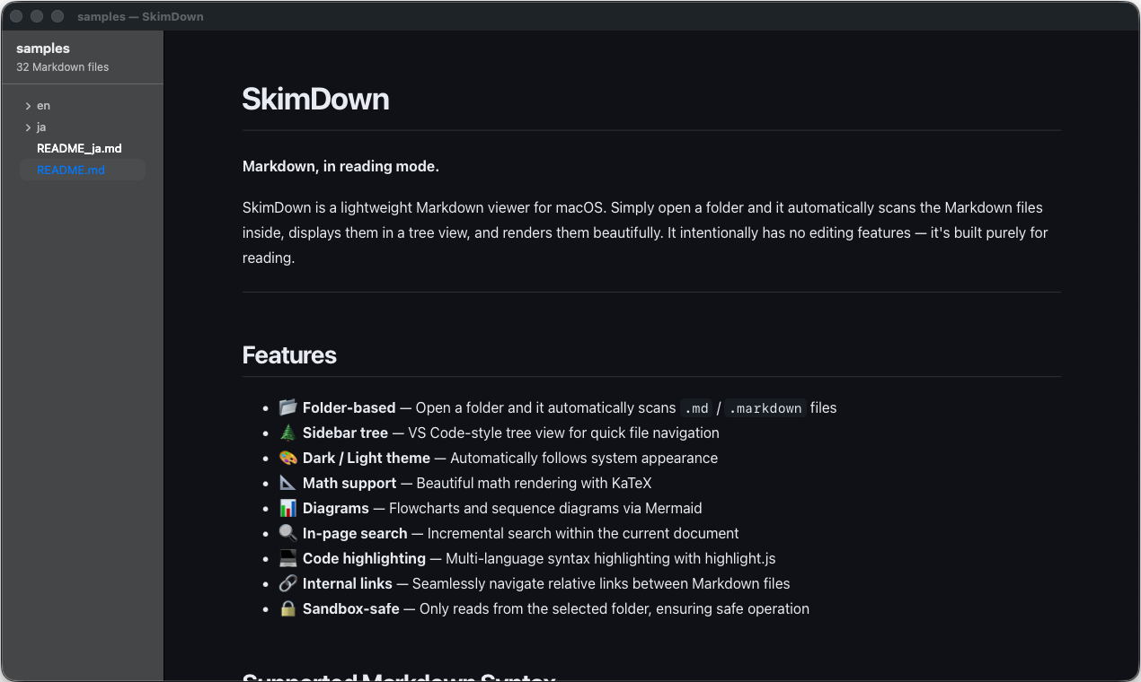 SkimDown showing a Markdown folder tree next to a reading surface