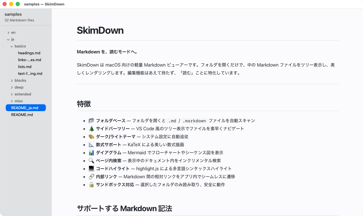 Markdownツリーと閲覧面を並べたSkimDownのスクリーンショット