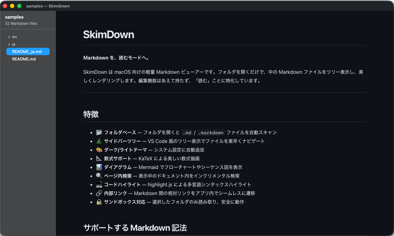 Markdownツリーと閲覧面を並べたSkimDownのスクリーンショット